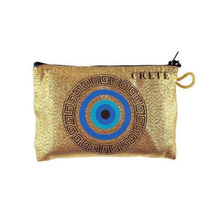 Crete Πορτοφολάκι Υφασμάτινο Χρυσό με Μπλέ Μάτι 15x10cm